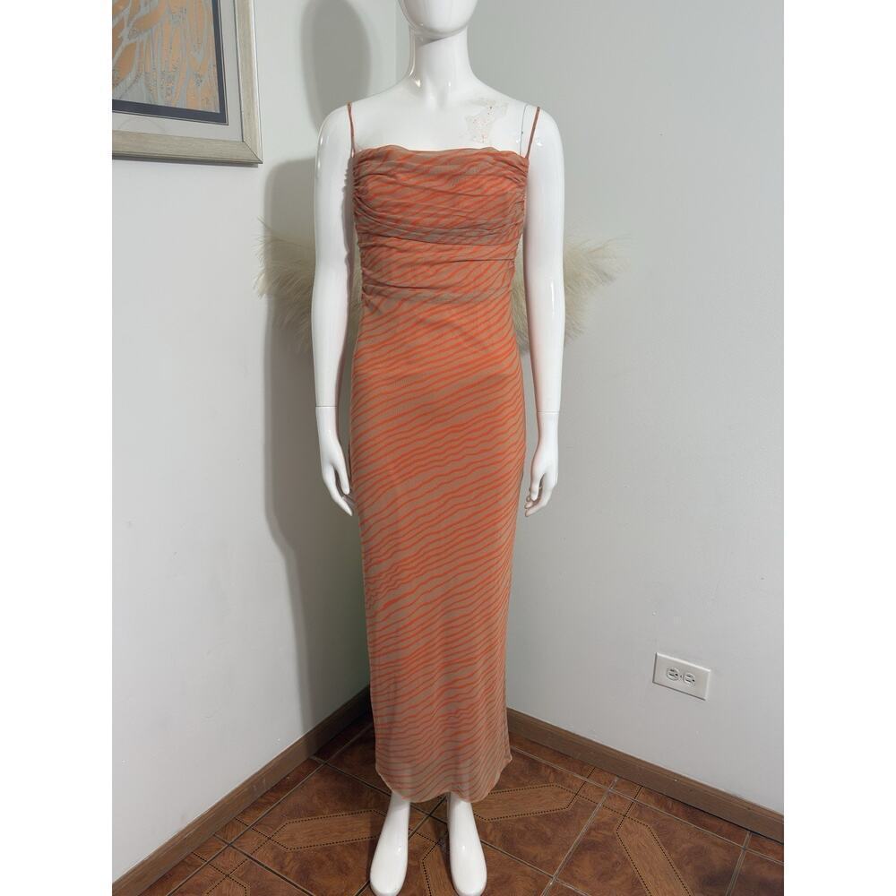 ZARA Women’s Draped Printed Orange Tulle Dress, Striped, Spaghetti Strap, Size L